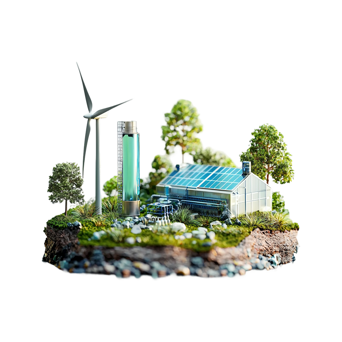 Mała wysepka z instalacjami źródeł energii odnawialnej.